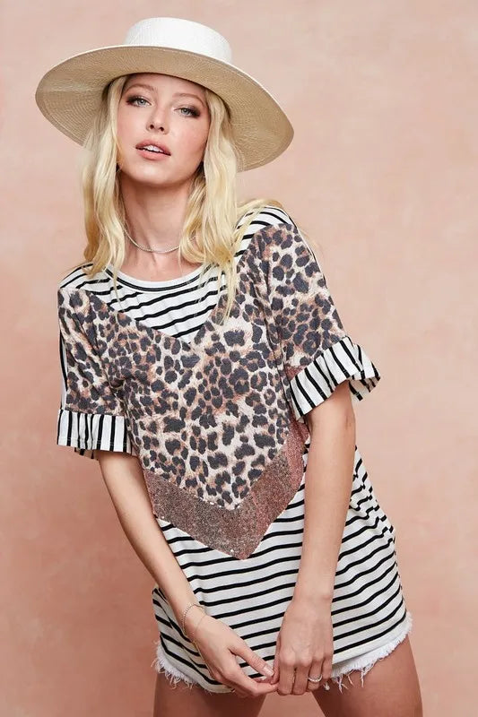 BiBi Stripe Rayon Span Knit Color Block Top With Leopard