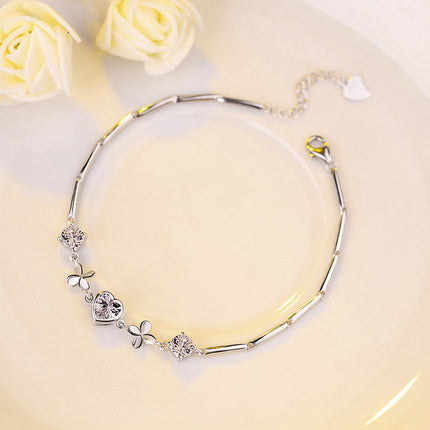 The Qixi Festival Valentine Jewelry S925 Sterling Silver Bracelet Fashion Jewelry Silver Bracelet New Heart-shaped Clover