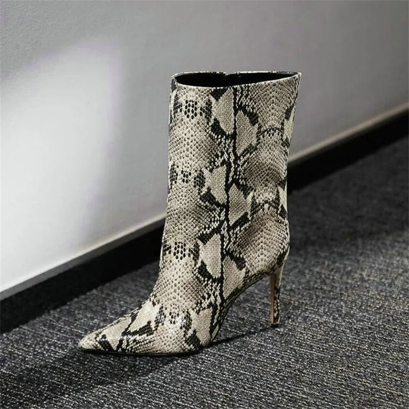 Sexy Ladies 9cm Stiletto Heel Pointed Toe Ankle Boots High Quality Stone Print Snakeskin Short Boots New Women's Shoes