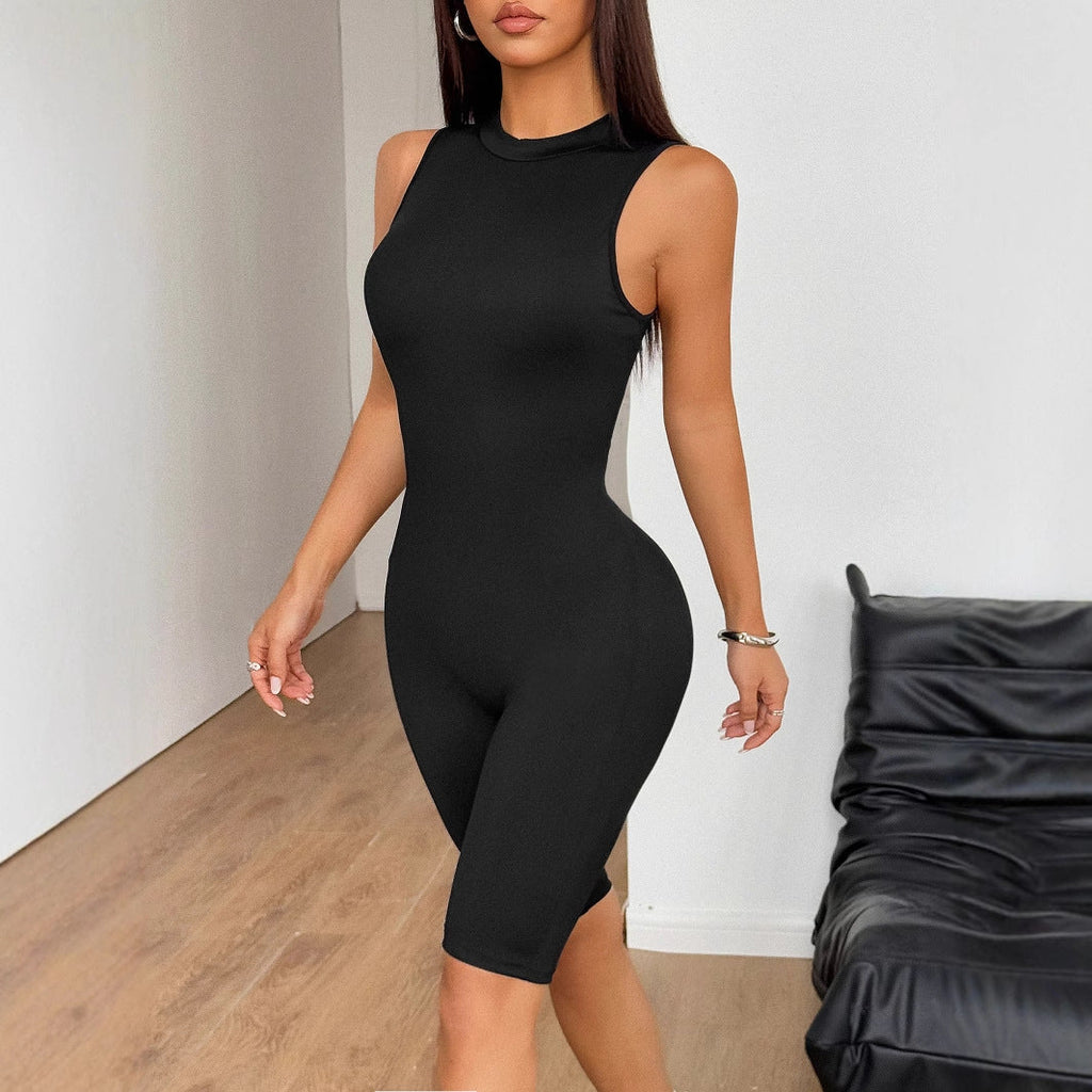 Sports style high elasticity solid color shorts jumpsuit