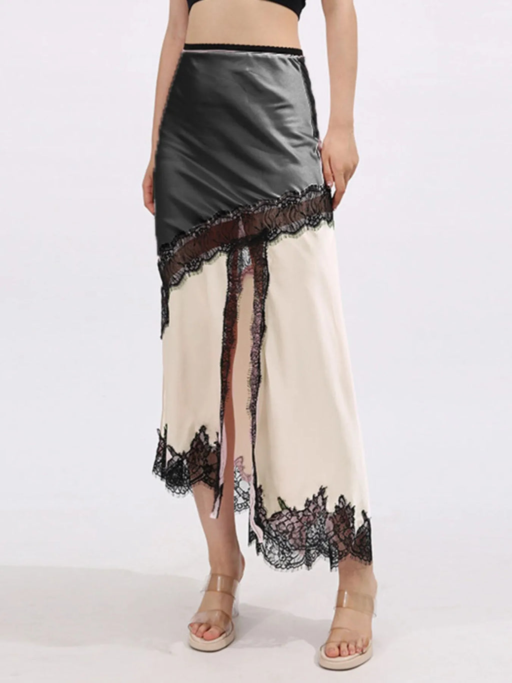 Lace Trim Asymmetrical Midi Skirt