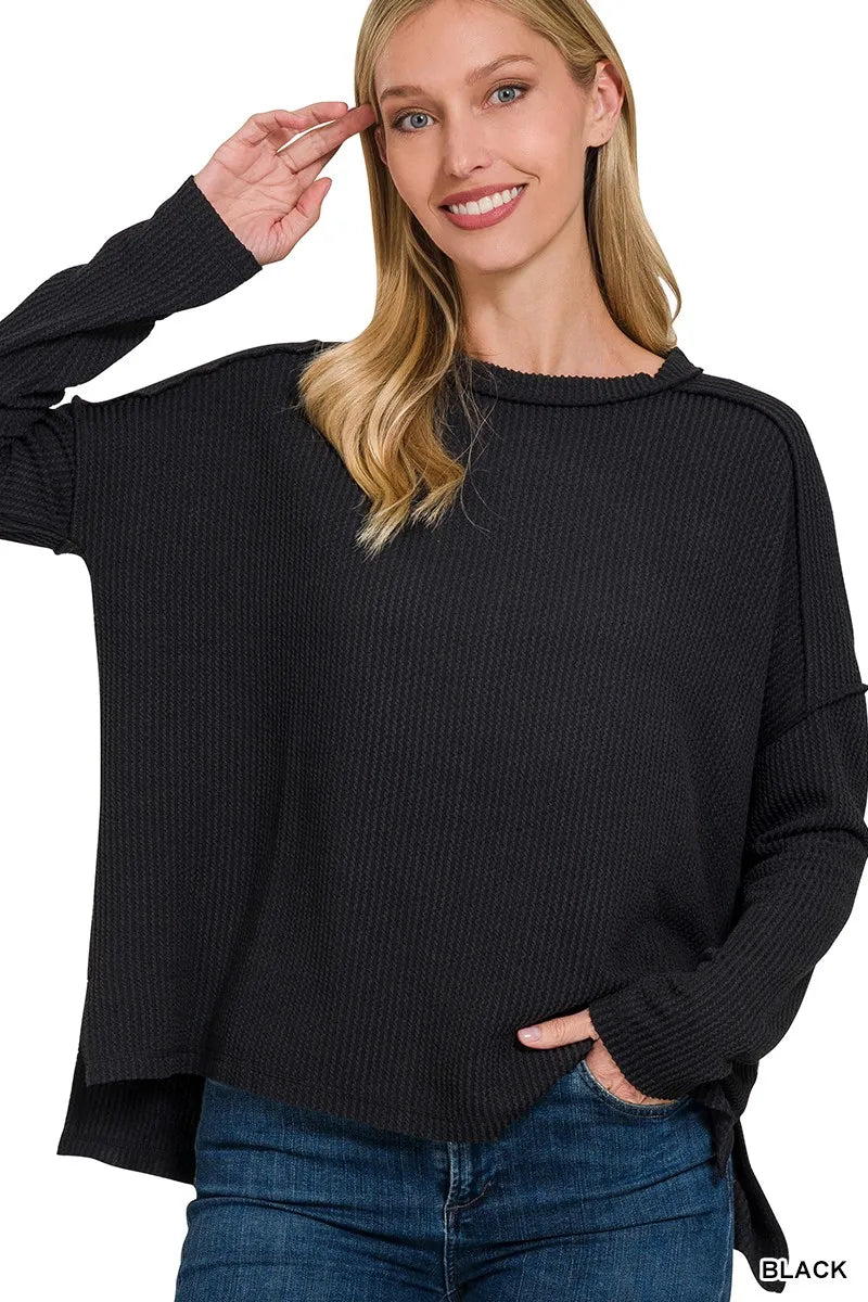 Zenana Full Size Exposed Seam Long Sleeve Corded Rib Knit Top Plus Size