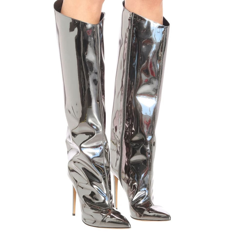 Women's New Stone Print Boots Sexy Runway Stiletto Pointed Toe High Boots 10cm High Heel Side Zipper Boots