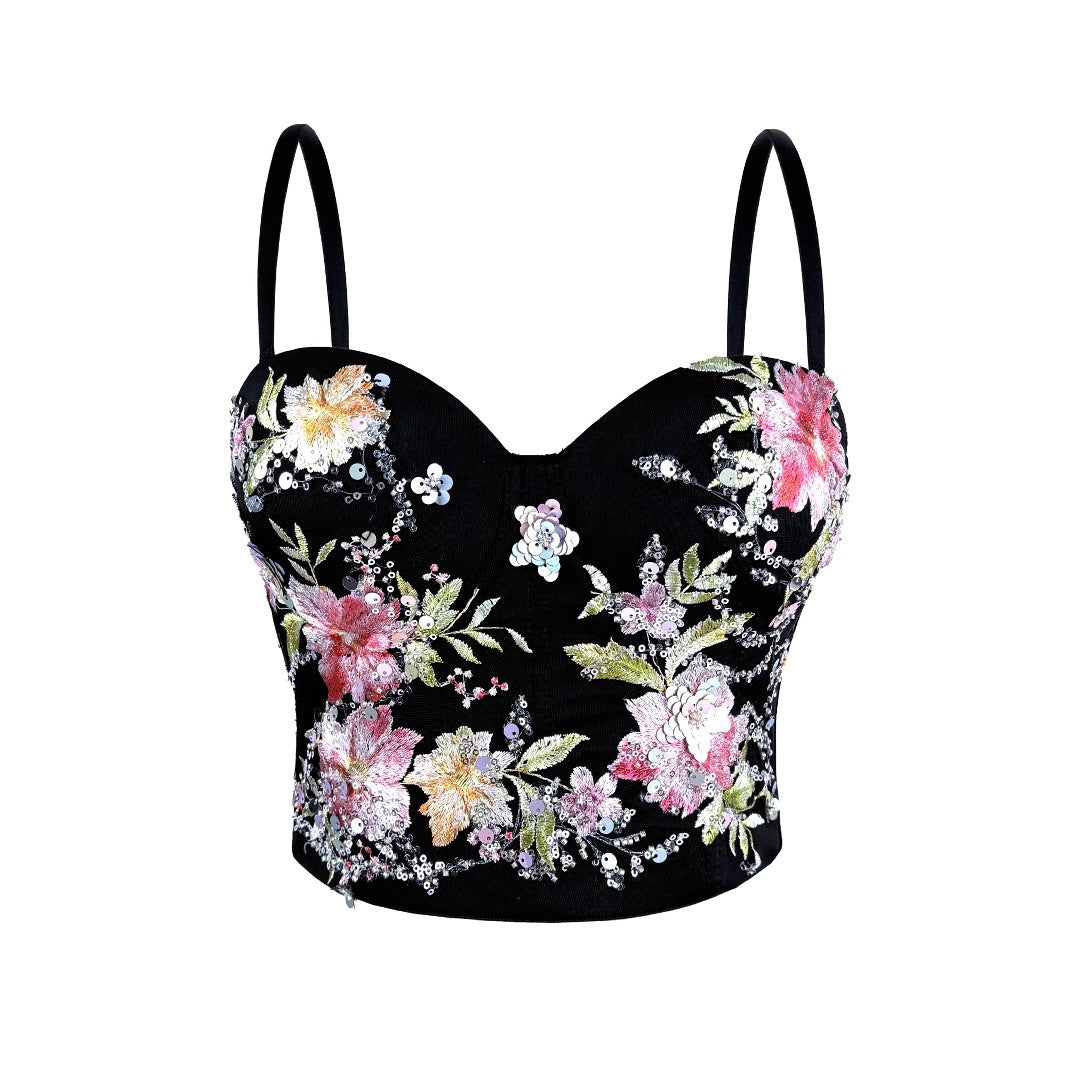 Handmade Embroidered Beaded Strapless Corset Vintage Outerwear Fitted Boned Top for Women