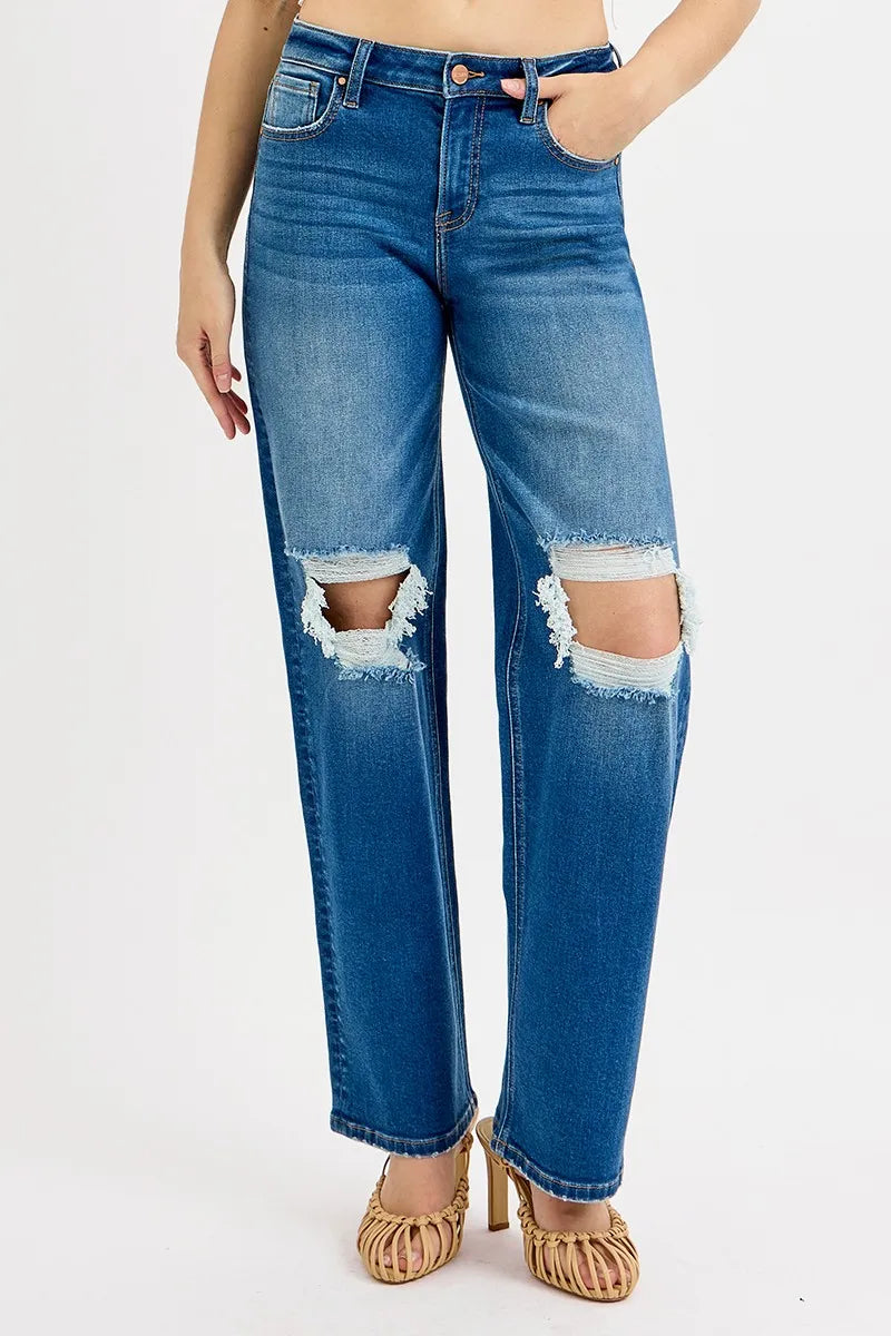 RISEN Full Size Mid Waist Fit Boyfriend Knee Distressed Jeans Plus Size
