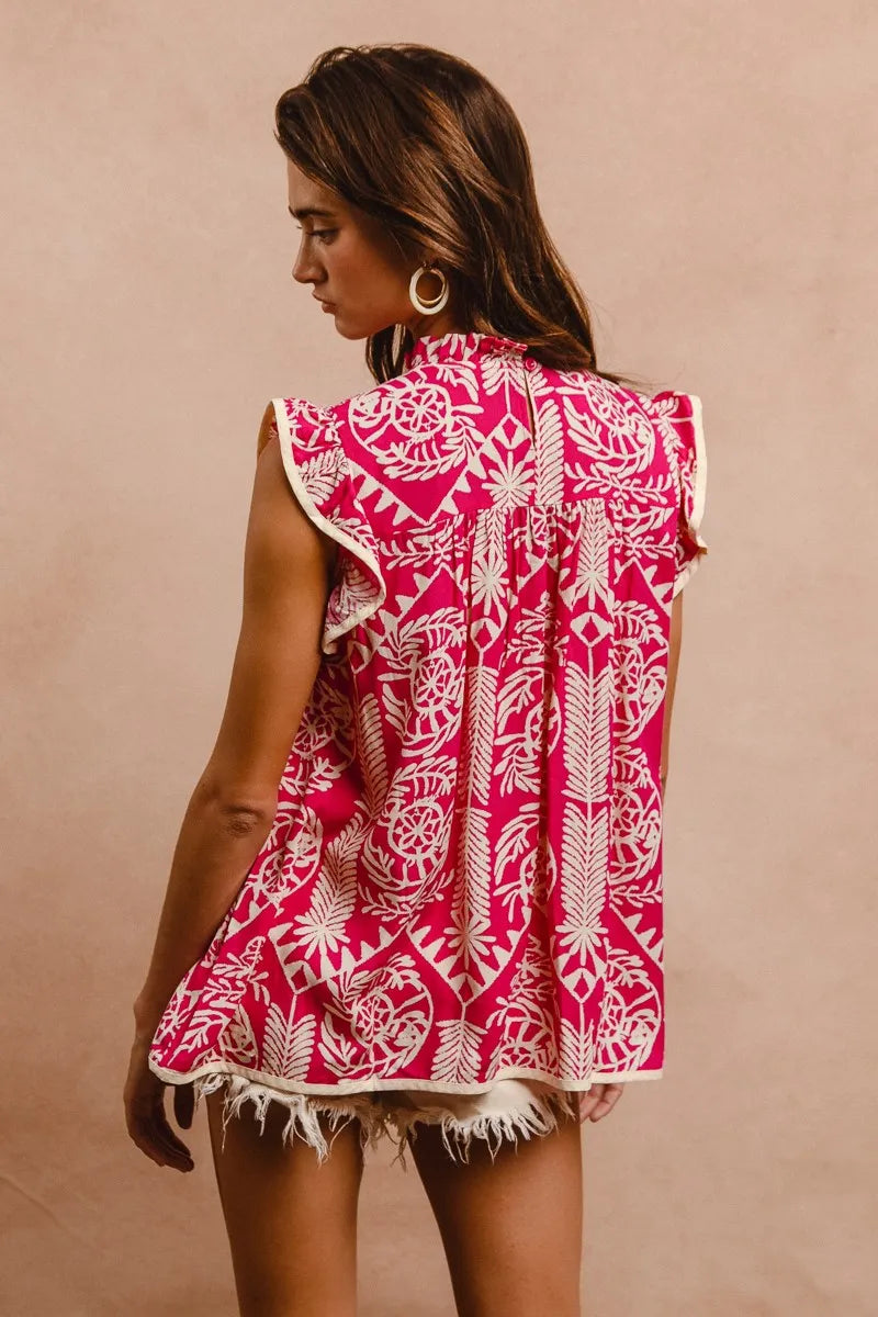 BiBi Printed Ruffle Sleeve Top