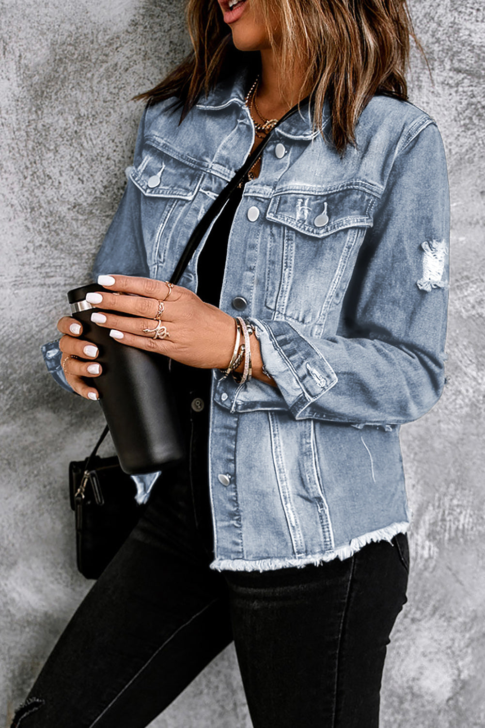 Denim Lapel Distressed Raw Hem Buttoned Jacket-2
