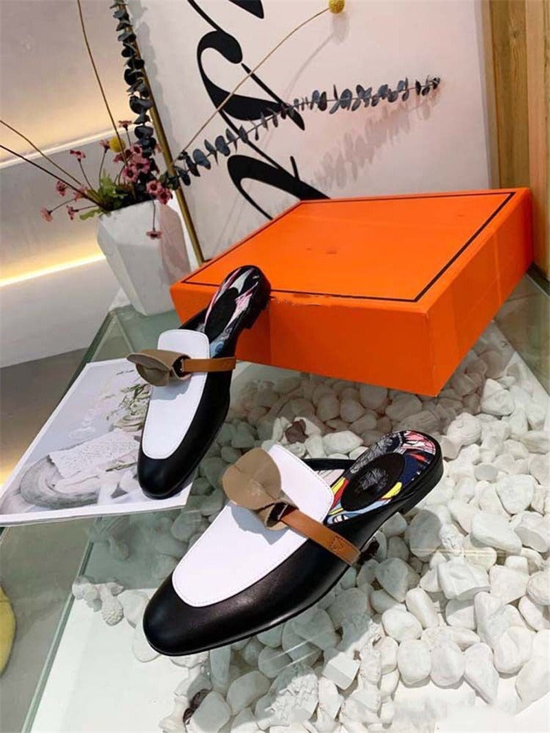 Cowhide Low Heel Round Head Metal Buckle Headband Back Air Cool Tug for Women