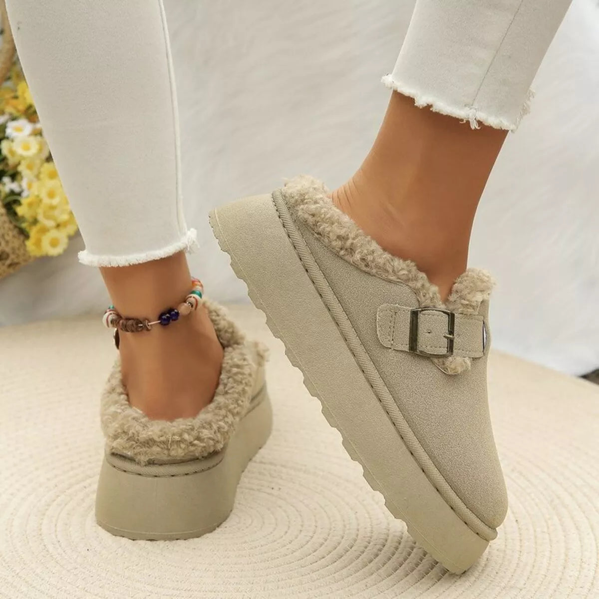 Round Toe Platform Fleece-Lined Slip-Ons