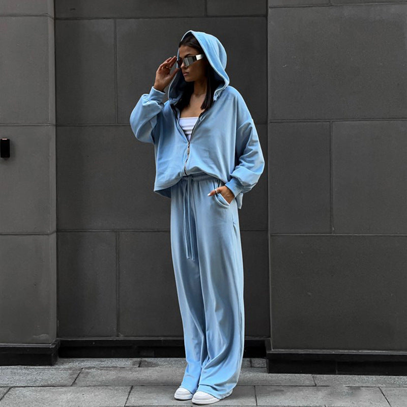 Solid color long sleeved cardigan cap top sports pants two-piece set