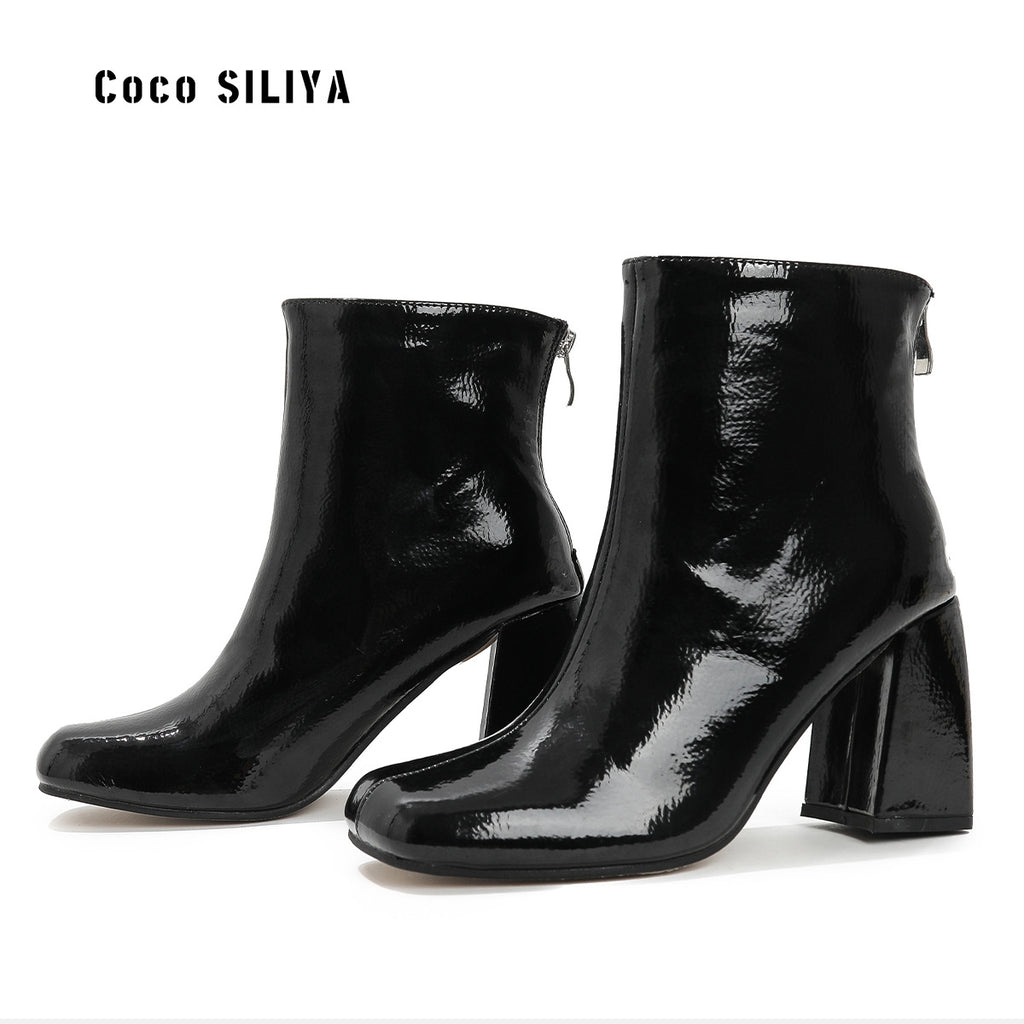 British Winter New Women's Medium Boots Thick Heel Square Head Medium High Heel Martin Boots