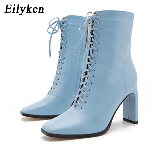 New Style Square Head Punk Women Ankle Boots Fashion Cross Strap Winter Autumn Zipper High Heels Shoes