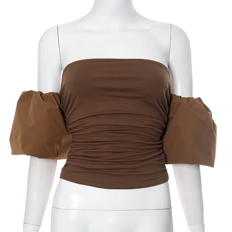 Cross-border Women's Summer New Pure Color Fitted Pleated Cap Sleeve Tube Top