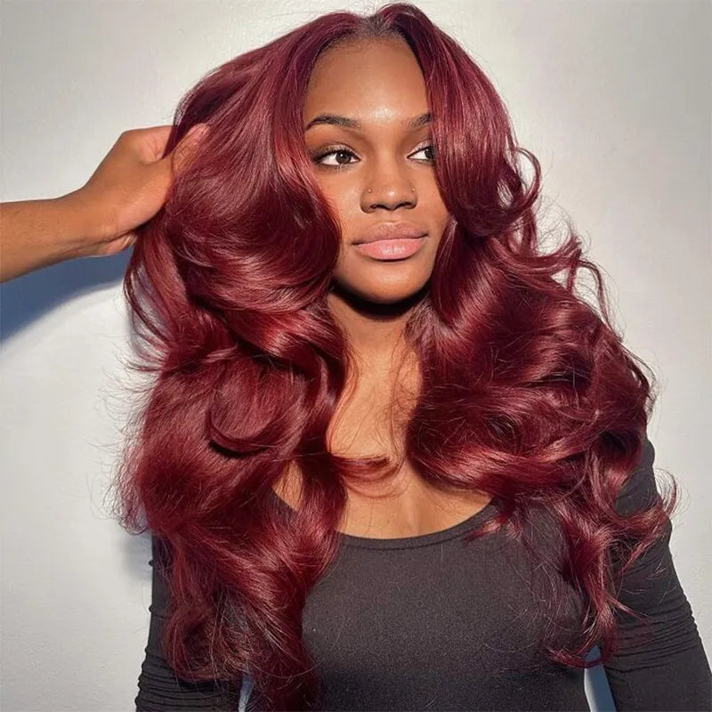 Curtain Bangs 99j Burgundy Body Wave Wig Glueless Pre-Cut Lace Wig