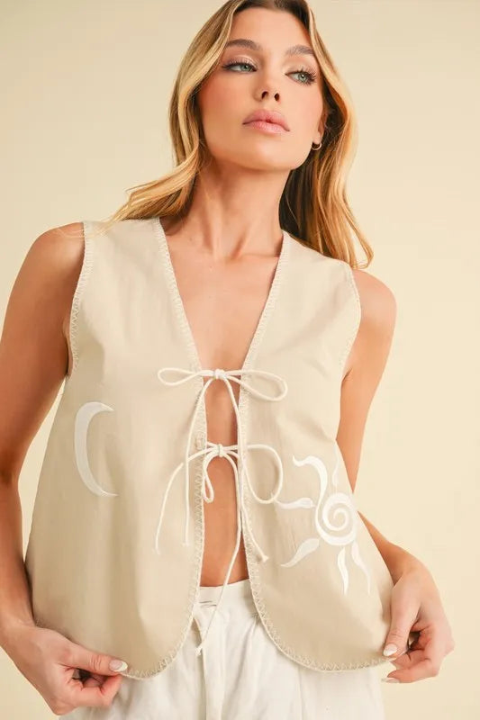 Aemi+Co Embroidered Tied Front Vest Coat