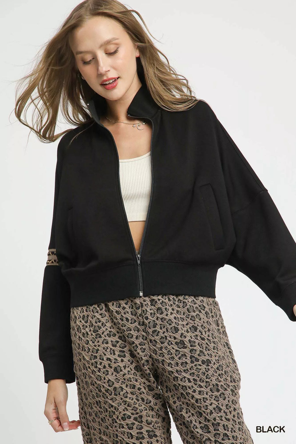 Umgee Zipper Up Cropped Jacket with Leopard Trim