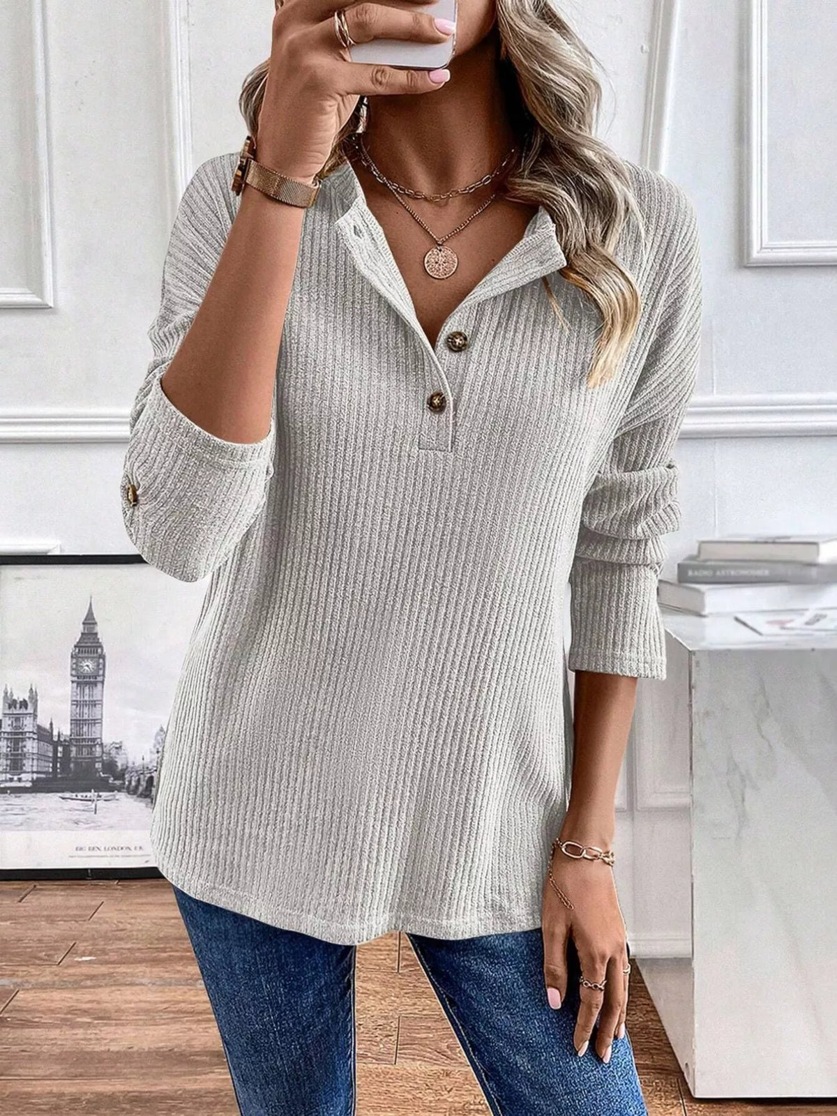 Ribbed Knit Button Detail Long Sleeve T-Shirt