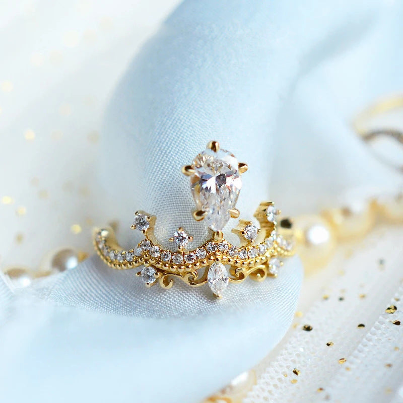 Vintage Crown Pear Cut Moissanite Ring
