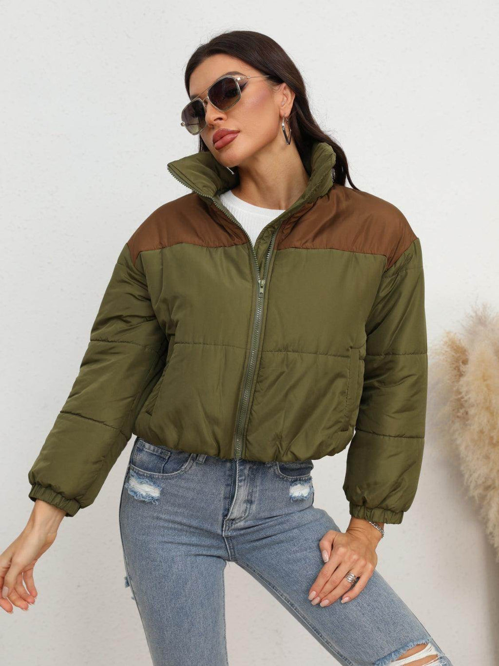 Two-Tone Zip-Up Puffer Jacket for Women Stylish Outerwear