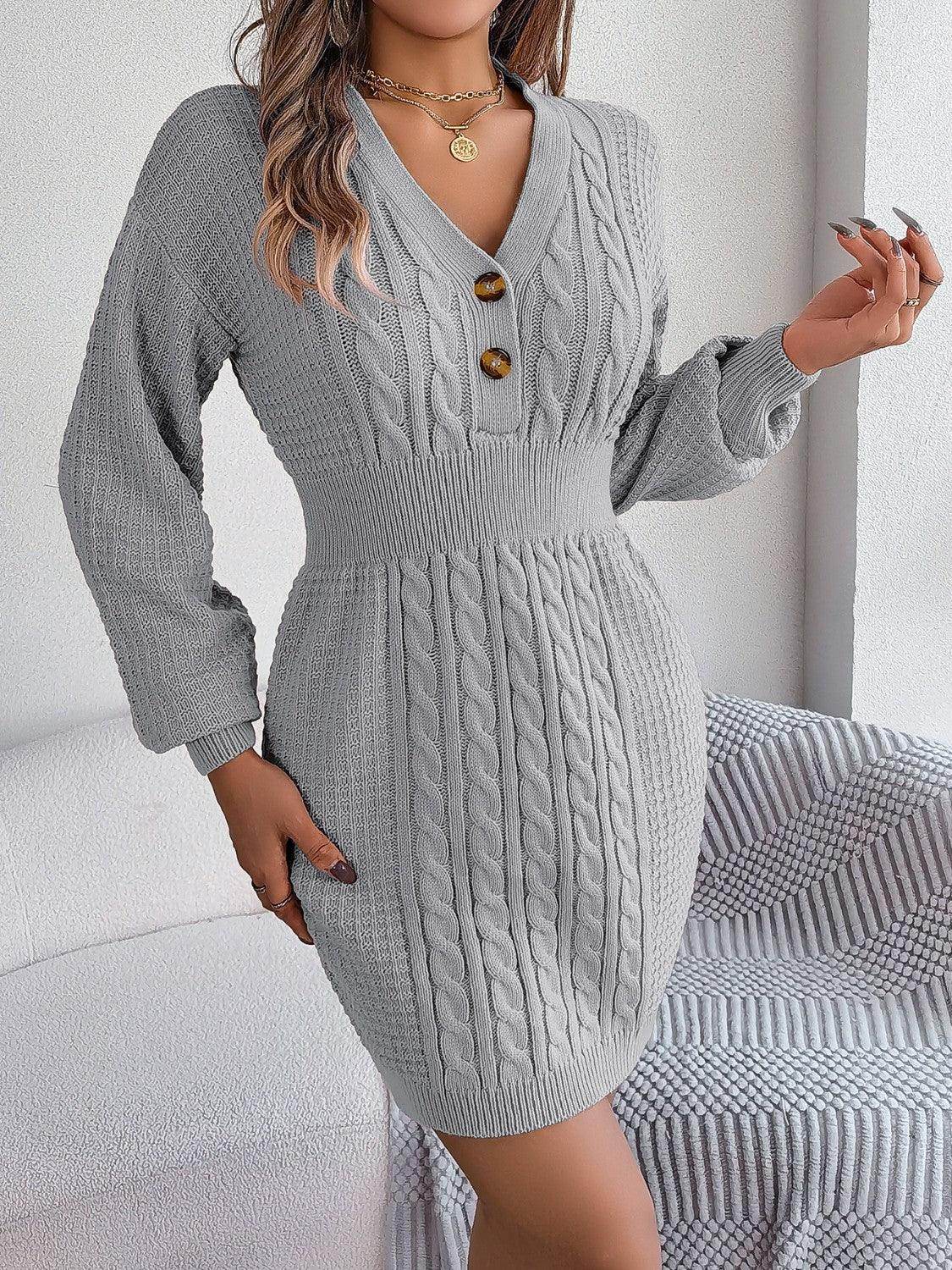 Buttoned Cable-Knit V-Neck Sweater Dress for Women
