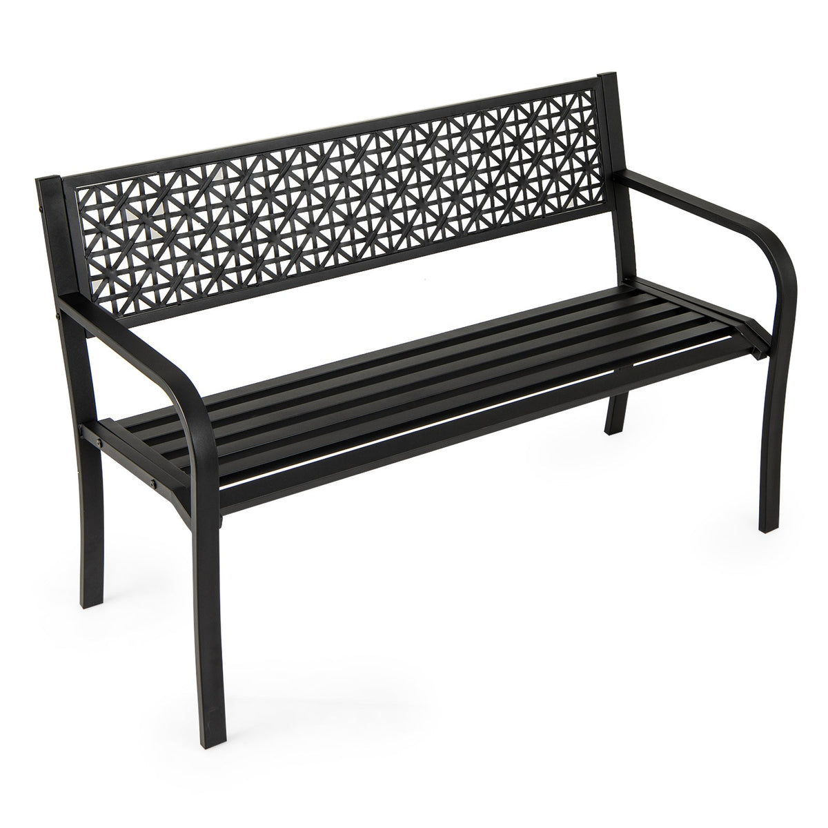 50 Inch Garden Bench with Patterned Backrest and Curved Armrests for 2-3 Person-Black