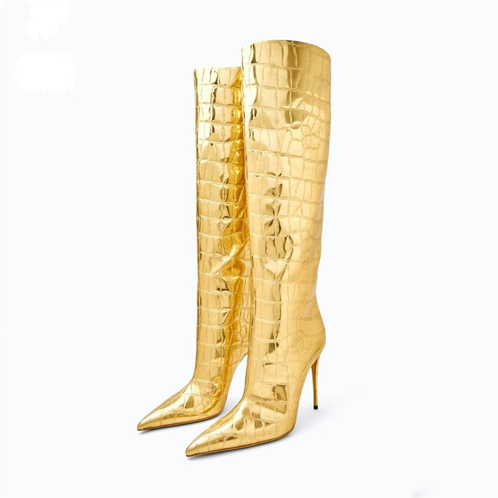 Classic Minimalist Style Design Knee Boots Pointed Toe Slip-on Stiletto Heel High Heels