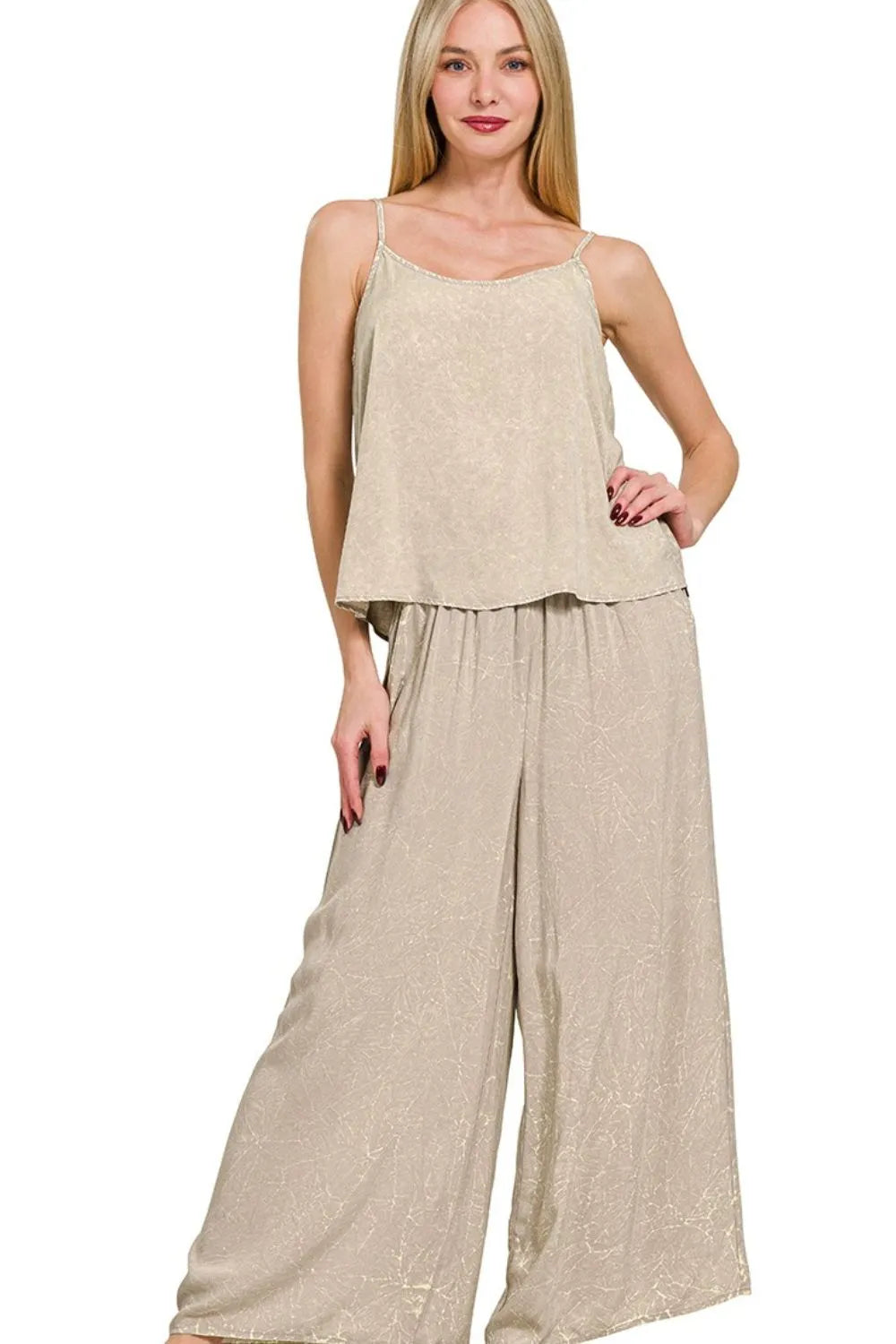 Zenana Woven Acid Crinkle Washed Cami & Pants 2 Piece Set