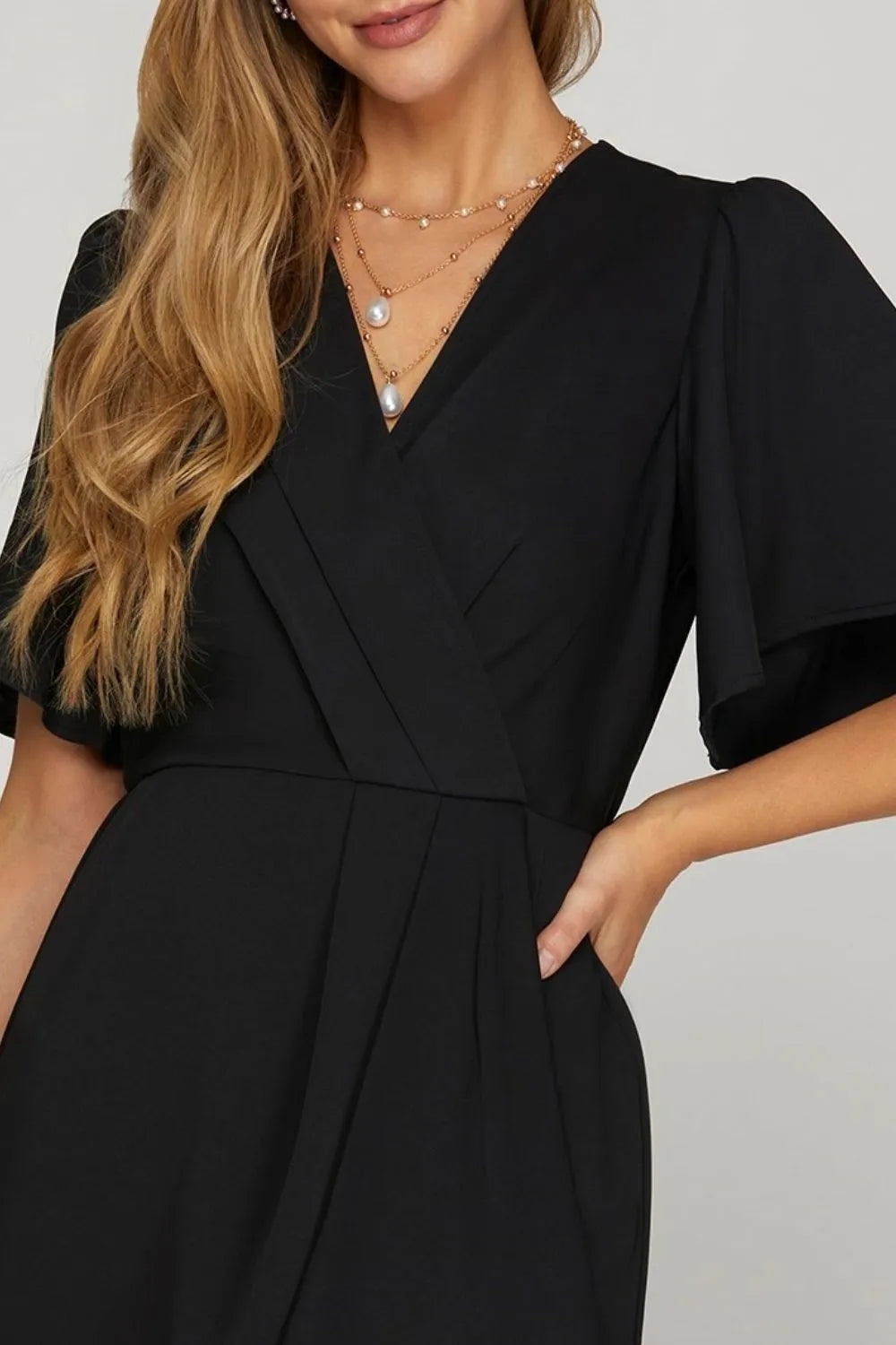 She + Sky Ruffled Surplice Short Flutter Sleeve Mini Dress
