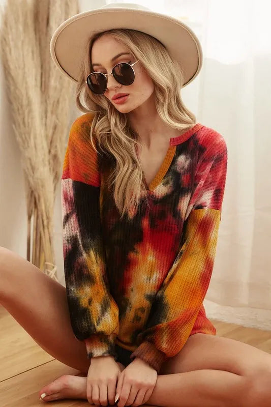 BiBi Tie Dye Brushed Waffle Top With Bubble Sleeves