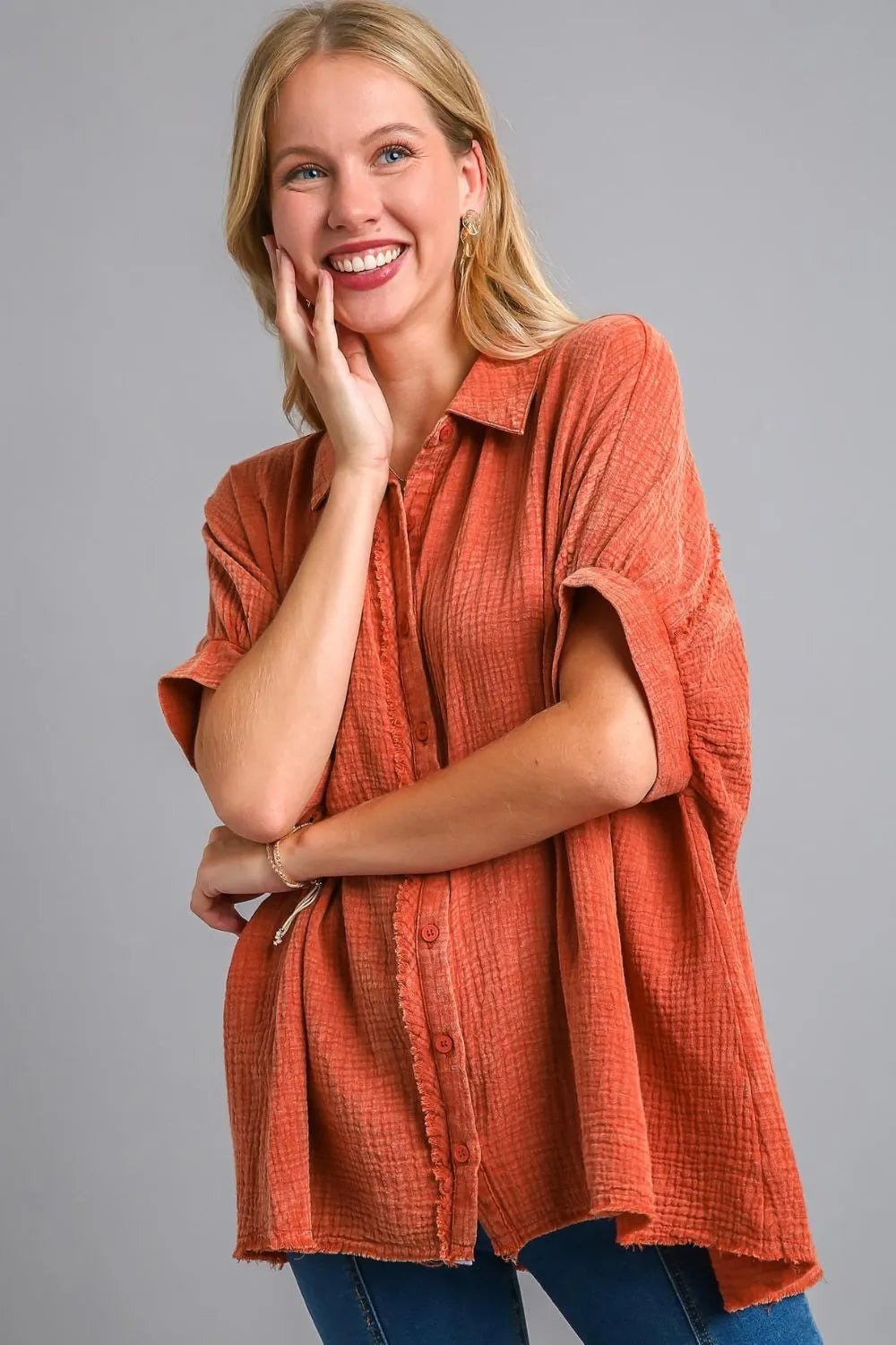 Umgee Full Size Cotton Gauze Mineral Wash Button Down Shirt Plus Size-0