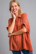 Umgee Full Size Cotton Gauze Mineral Wash Button Down Shirt Plus Size-0
