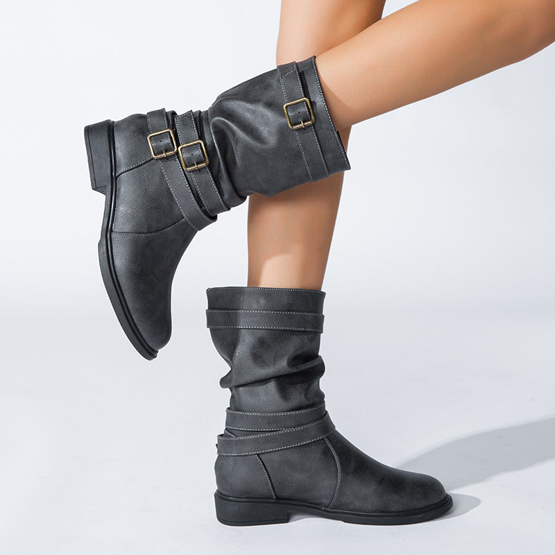 Autumn And Winter New Boots Round Head Flat Bottom Women's Large Smoke Pipe Boots Motorcycle Boots