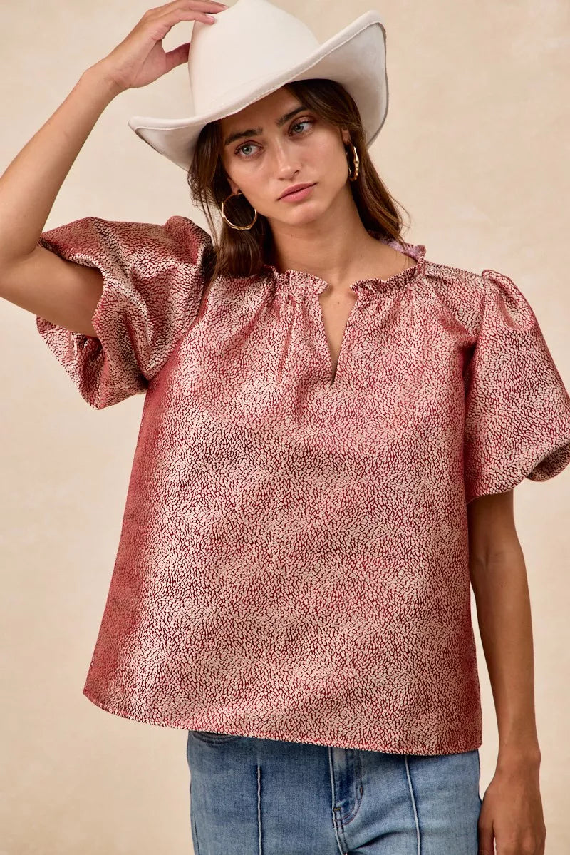 BiBi Jacquard Woven Short Balloon Sleeves V Neck Top