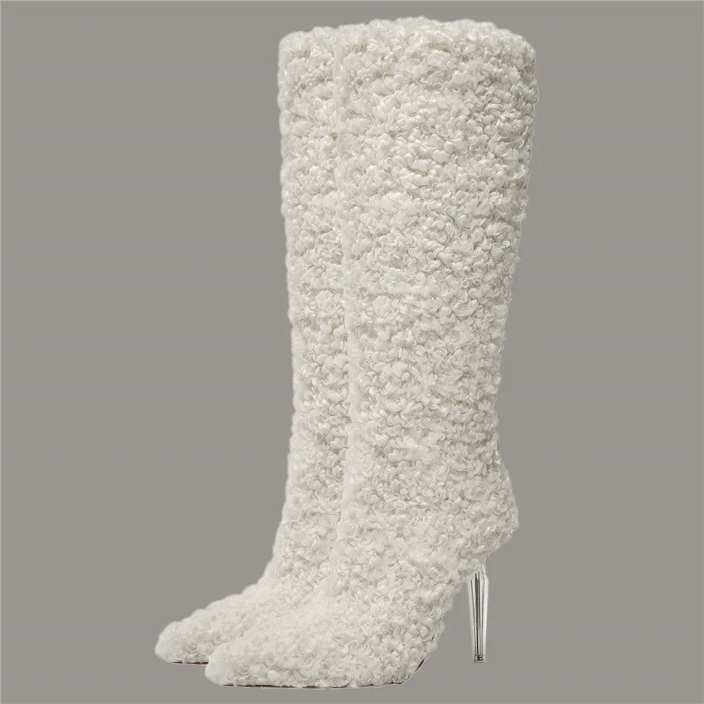 Fashion Women Imitation Wool Knee High Boots for Women's Pointed Toe Crystal Transparency Heels Shoes Sexy Lady Wedding Boots