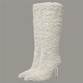 Fashion Women Imitation Wool Knee High Boots for Women's Pointed Toe Crystal Transparency Heels Shoes Sexy Lady Wedding Boots