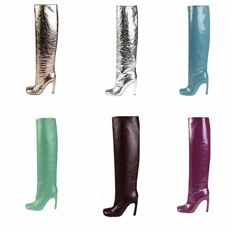processing time:7-15 days after placing orders--Women's Autumn and Winter New Fashion Metal Decorated High Heel Boots Warm Short Fluffy High Round Head Boots.