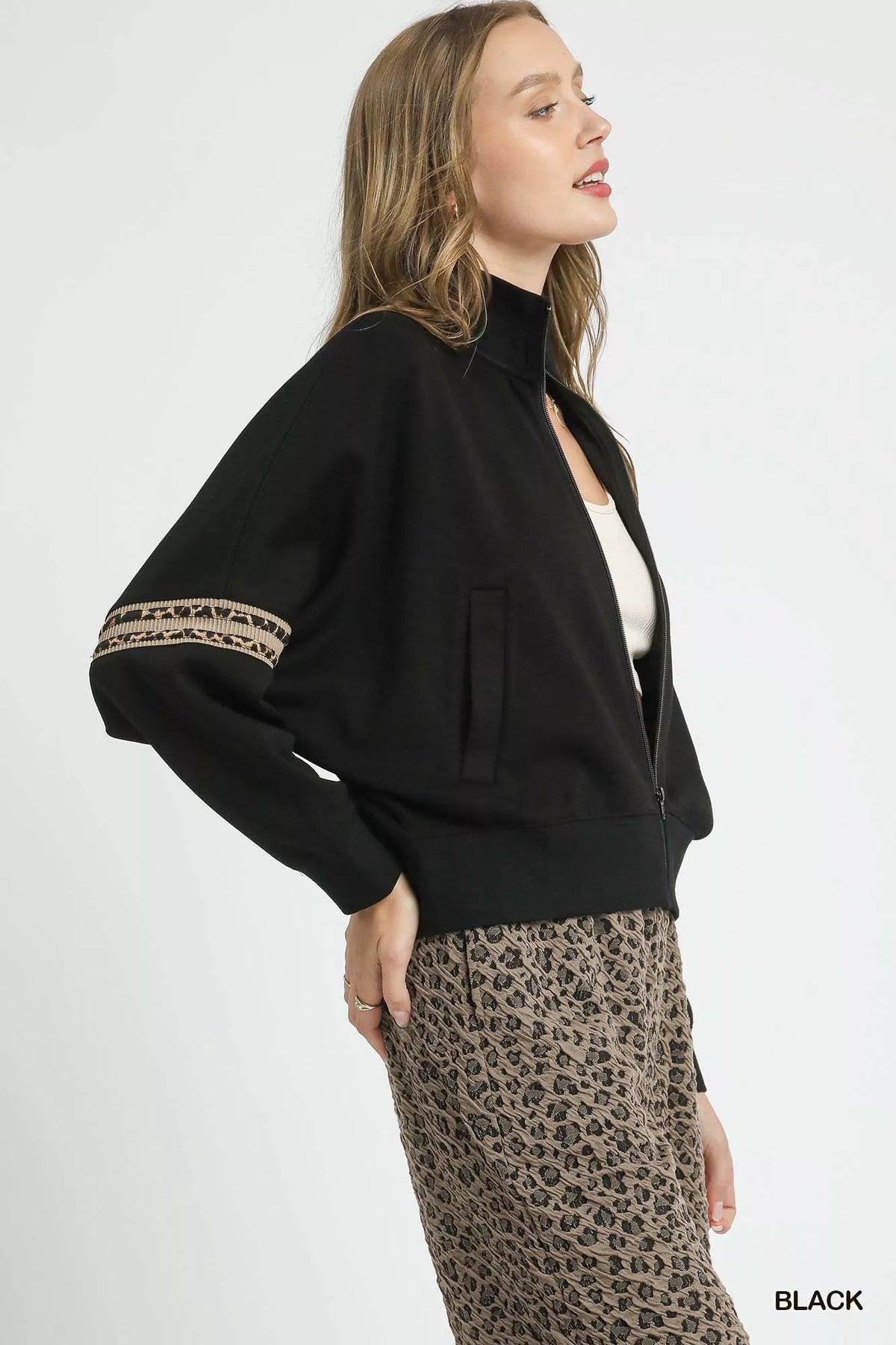 Umgee Zipper Up Cropped Jacket with Leopard Trim