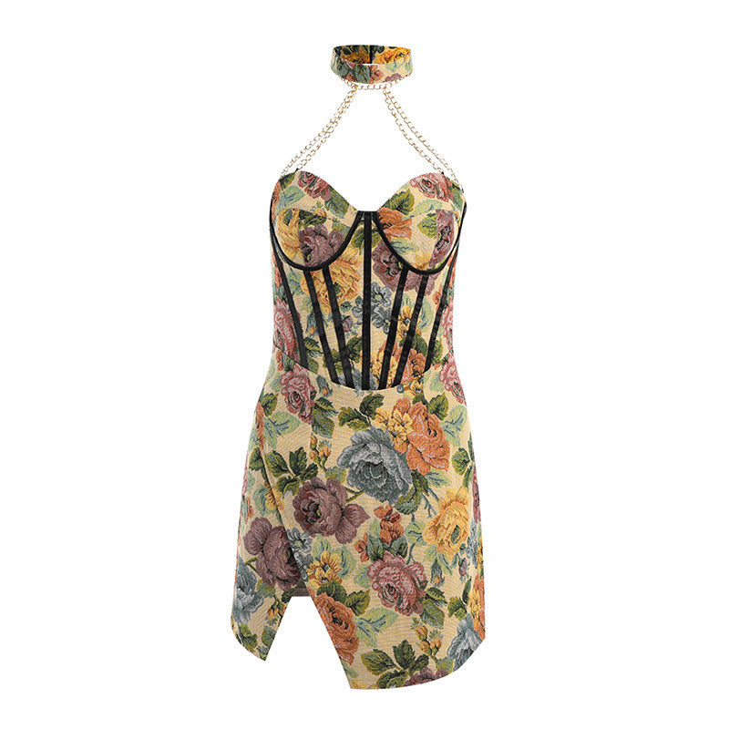 Metal Chain Halterneck Corset Vintage Print Dress Spring New Slit Sexy Dress