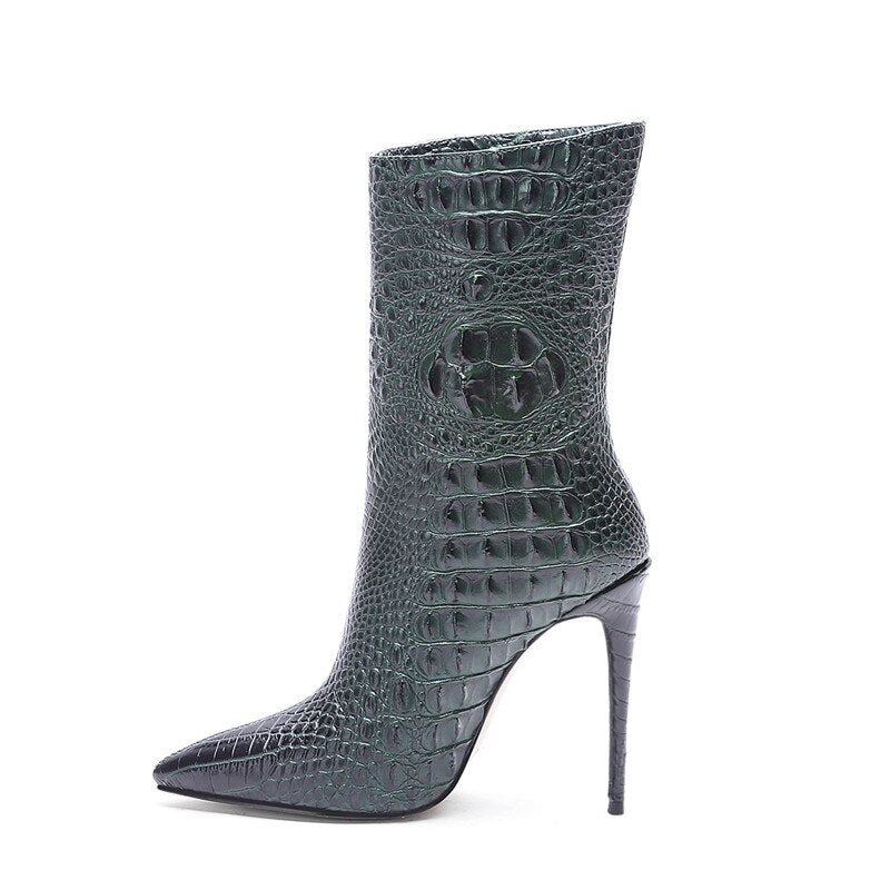 Crocodile High Heel Short Boots Large 34-45 Pointed Thin Heels and Ankle Boots Show Winter  Autumn Mid Tube Boots Women Shoes