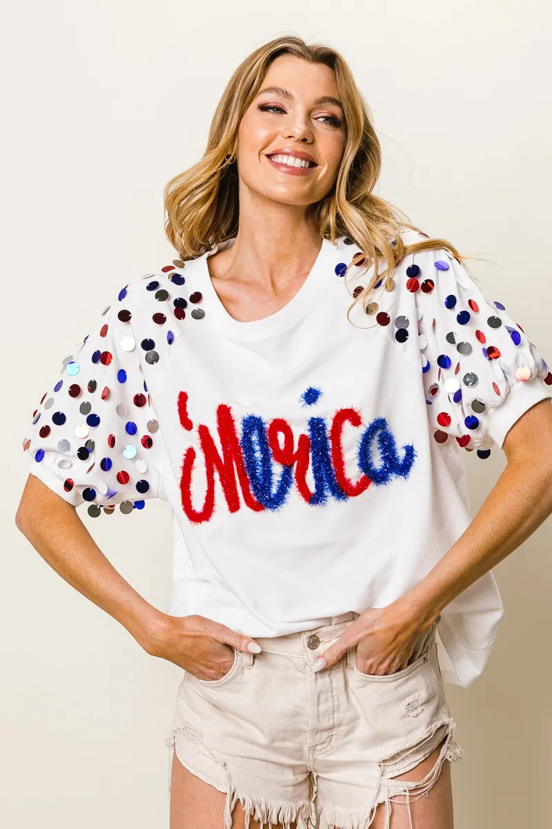 BiBi Metallic Letter Spangle Raglan Puff Sleeve Top