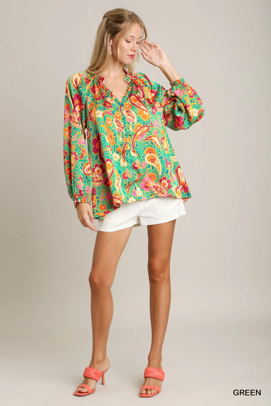 Umgee Satin Paisley Ruffle Neck Button-Up Shirt