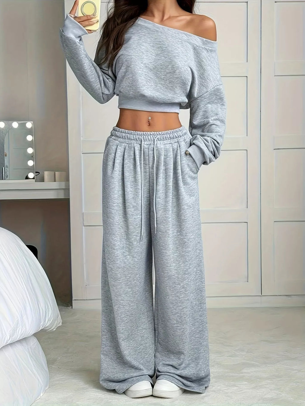 Full Size Boat Neck Crop Top & Wide Leg Pants Set Plus Size