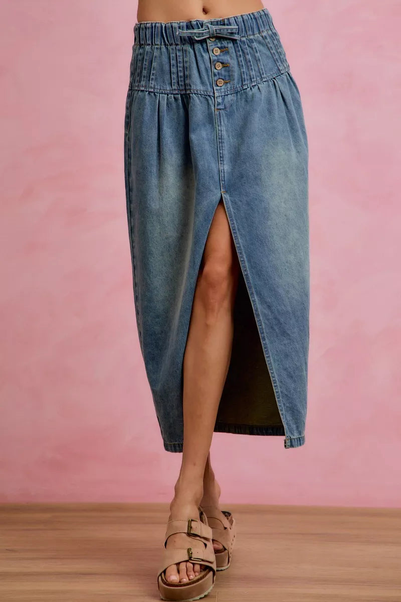 SO ME Pleated Washed Denim Skirt With Front Slit-0