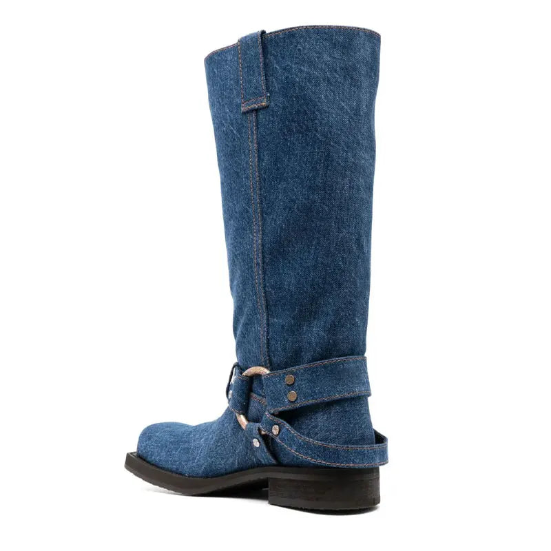Women's New Thick Heel Knee Long Boots Western Style Denim Mid Sleeve Boots Square Head Casual  Large Knight Boots