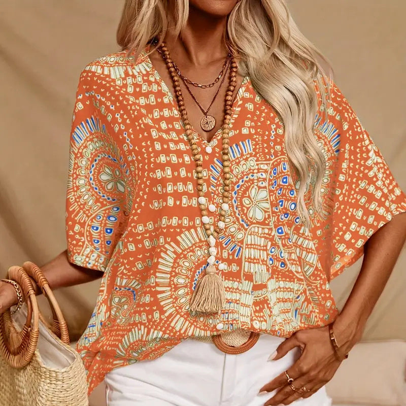 Mandala Print V-Neck Blouse – Casual Vacation Top