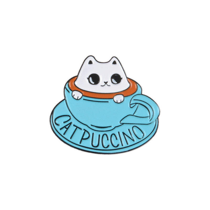 Blue Teacup White Cat Coffee Brooch