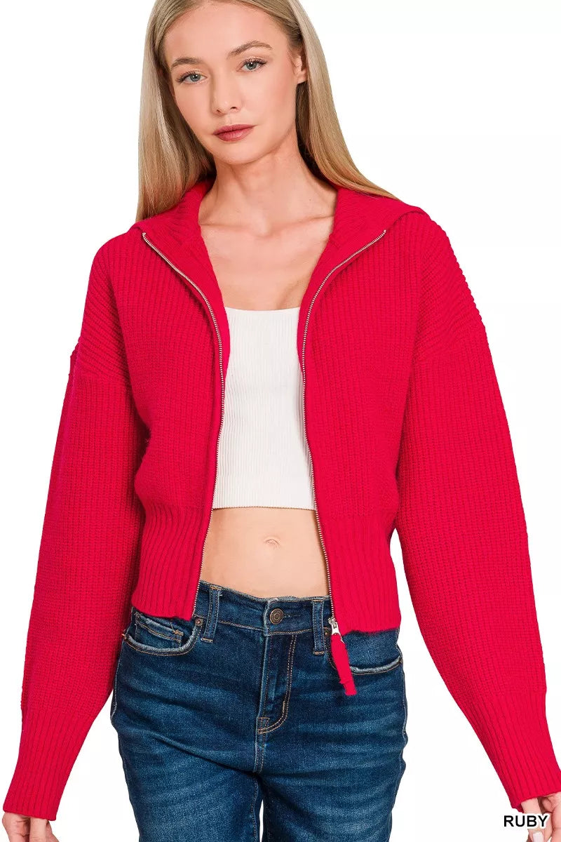 Zenana Ribbed Collared Zip Up Sweater Cardigan