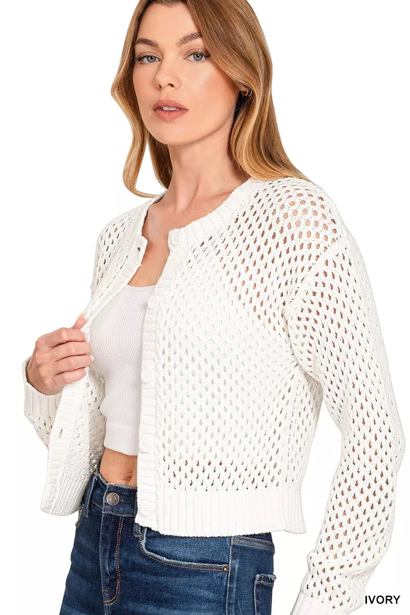 Zenana Button Down Lightweight Crochet Cardigan Sweater