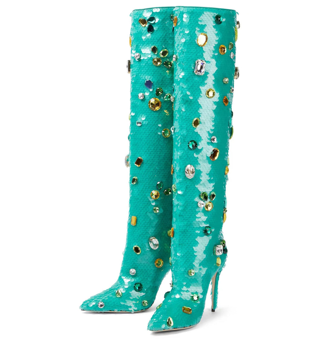 Sequined Knee-high Boots Sexy Pointed Toe Stiletto Boots Colorful Crystal Decor Fashion Shoes