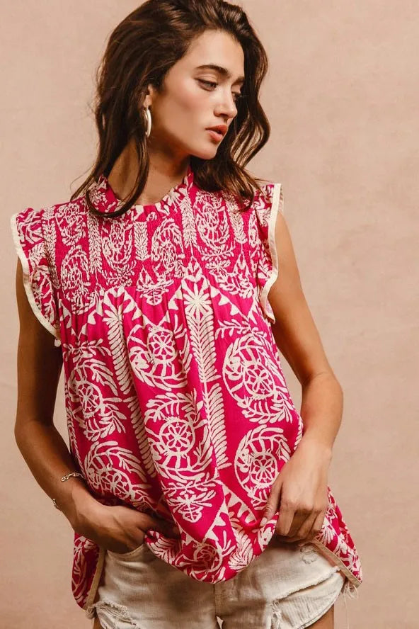 BiBi Printed Ruffle Sleeve Top